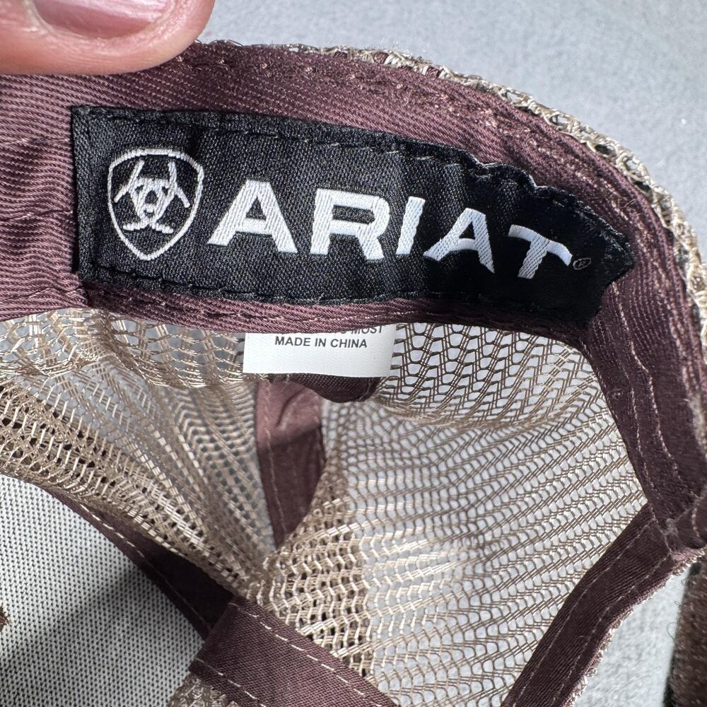 Ariat Hat Cap Strap Back Mens One Size Brown Tan Mesh Trucker Embroidered Shield - Picture 11 of 11